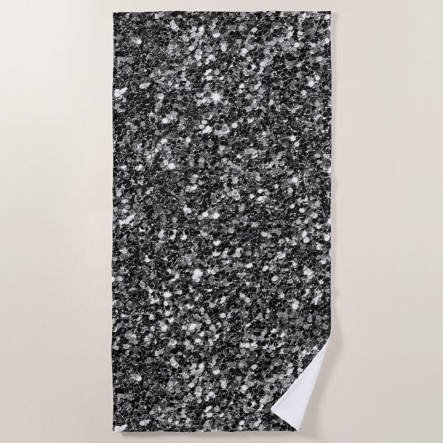 Modern Black White And Gray Glitter Beach Towel (Front)
