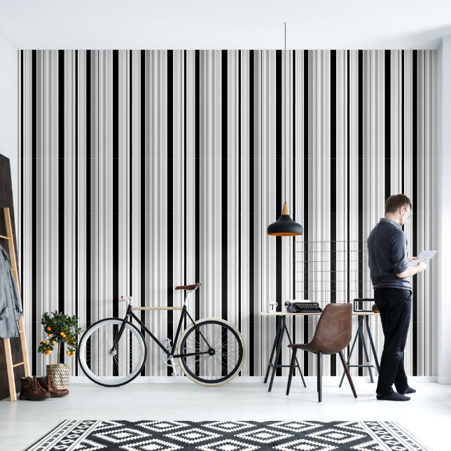 Modern Black, White and Grey Shaded Stripes Wallpaper (Living Room)