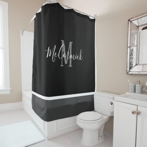 Modern Black White And Grey Striped Monogram Name Shower Curtain