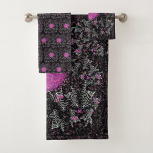 Modern black white and pink disco zebra bath towel set