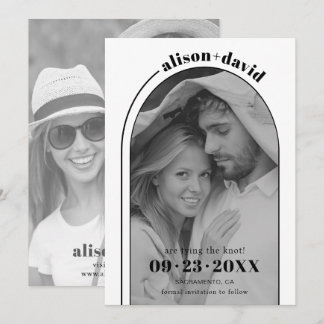 Modern black white arch and photo wedding save the date