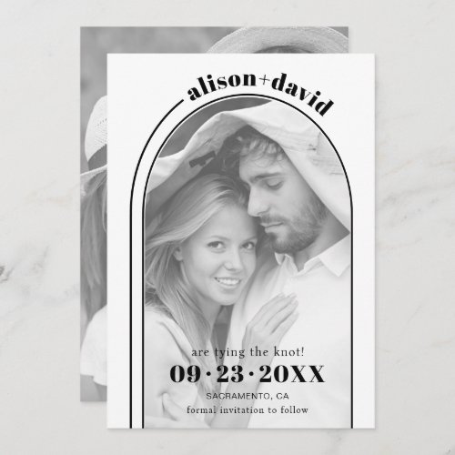 Modern black white arch and photo wedding save the date