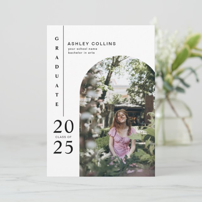 Modern Black & White Arch Photo Graduation Party Invitation (Standing Front)