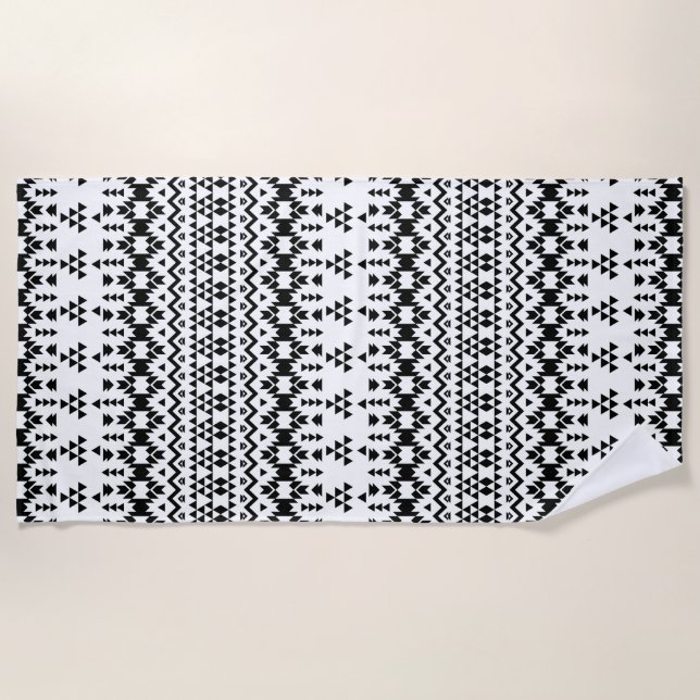 Modern Black White Aztec Geometric tribal pattern Beach Towel (Front)