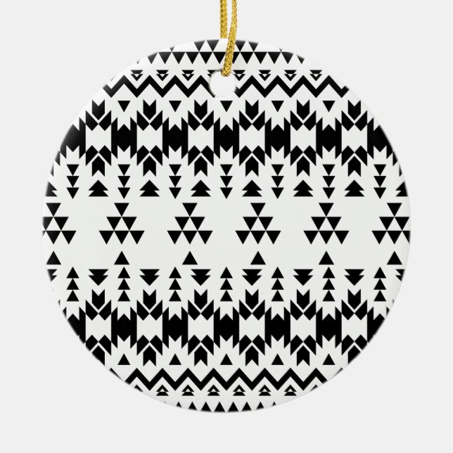 Modern Black White Aztec Geometric tribal pattern Ceramic Ornament (Front)