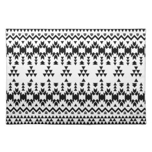 Modern Black White Aztec Geometric tribal pattern Cloth Placemat