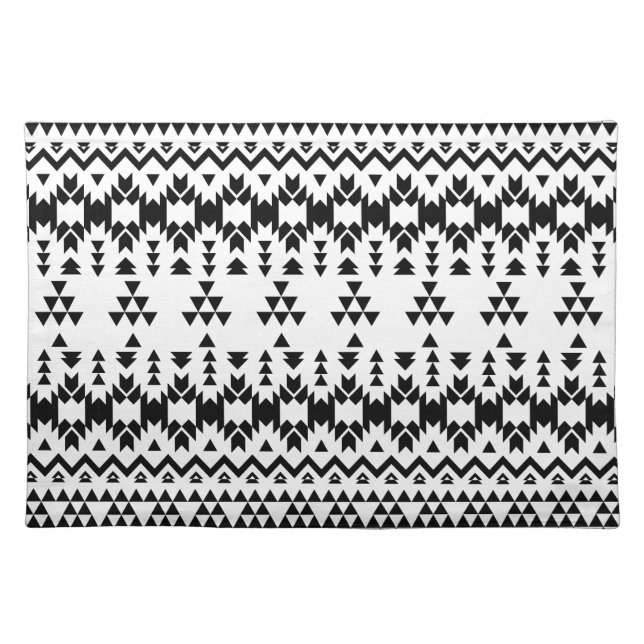 Modern Black White Aztec Geometric tribal pattern Cloth Placemat (Front)
