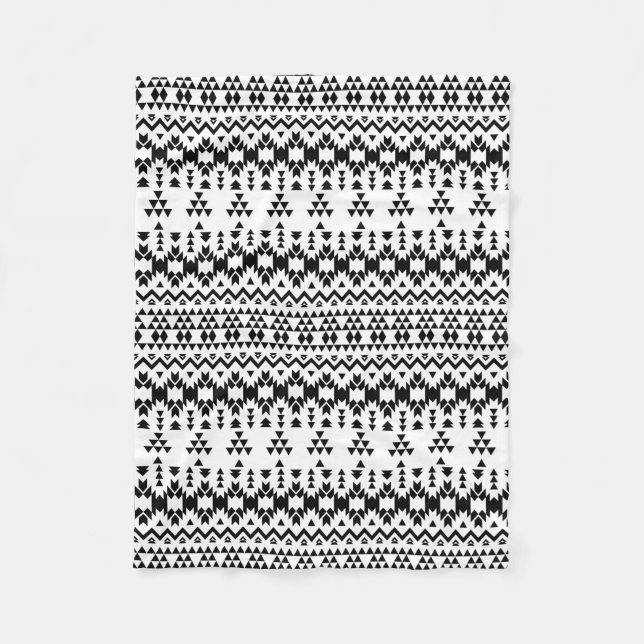 Modern Black White Aztec Geometric tribal pattern Fleece Blanket (Front)