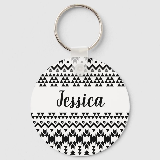 Modern Black White Aztec Geometric tribal pattern Keychain (Front)