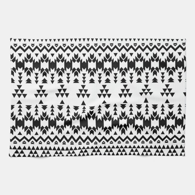 Modern Black White Aztec Geometric tribal pattern Kitchen Towel (Horizontal)