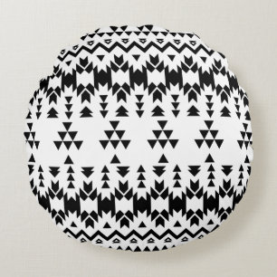 Modern Black White Aztec Geometric tribal pattern Round Pillow