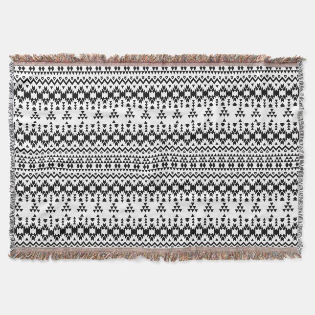 Modern Black White Aztec Geometric tribal pattern Throw Blanket (Front)