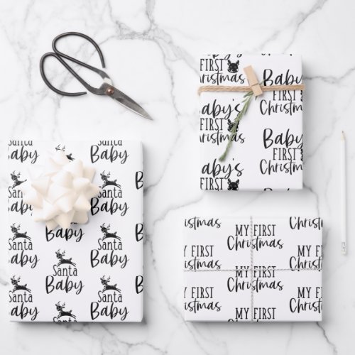 Modern Black  White Baby First Christmas Gift Wrapping Paper Sheets