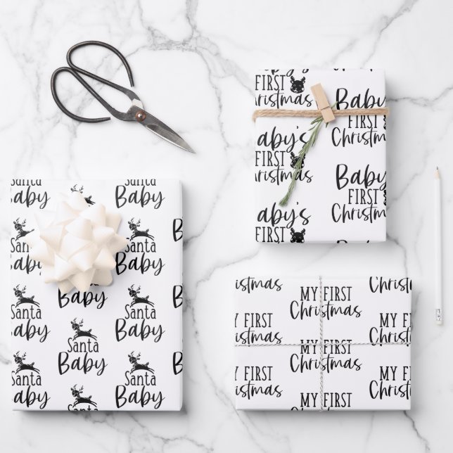 Modern Black & White Baby First Christmas Gift Wrapping Paper Sheets (Front)