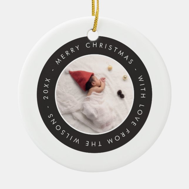 Modern Black White Baby Photo Christmas Ornament (Front)