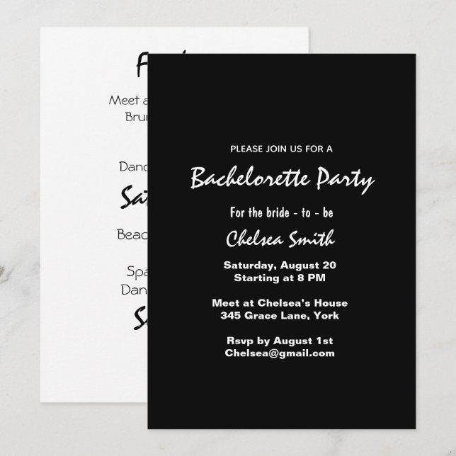 Modern Black & White Bachelorette Party Itinerary Invitation (Front/Back)