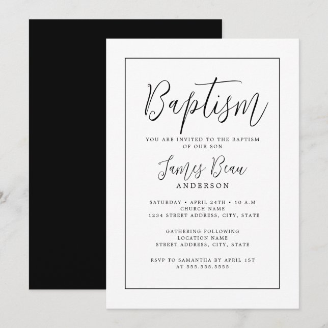 Modern Black White Baptism Invitation (Front/Back)
