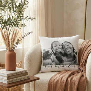 Modern Black White Best Mom Ever Photo Mother's Throw Pillow