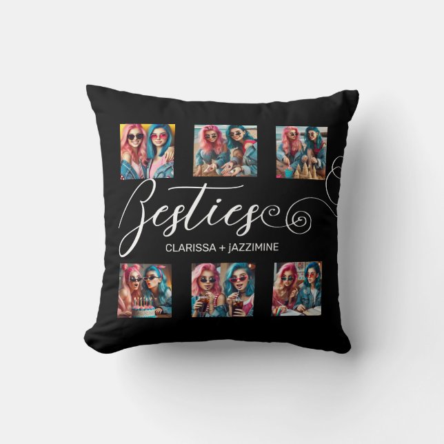 Modern Black White Bestie 12 Photo Collage Throw Pillow (Front)