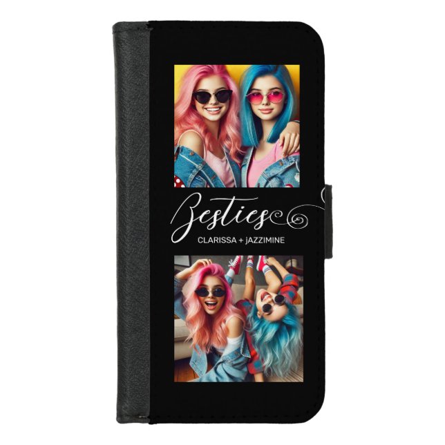 Modern Black White Bestie 2 Photo Personalized iPhone Wallet Case (Front)