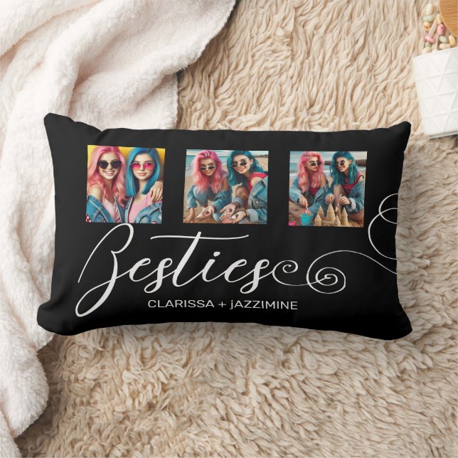 Modern Black White Bestie 3 Photo Collage Lumbar Pillow (Blanket)