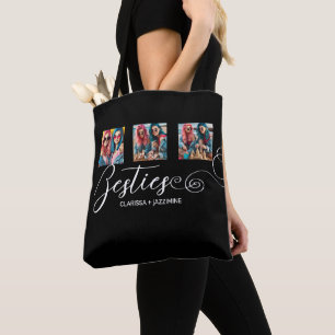 /Modern Black White Bestie 3 Photo Collage Tote Bag