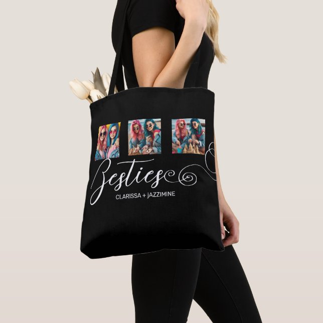 /Modern Black White Bestie 3 Photo Collage Tote Bag (Close Up)