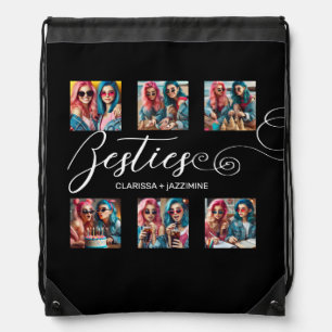 /Modern Black White Bestie 6 Photo Collage Drawstring Bag