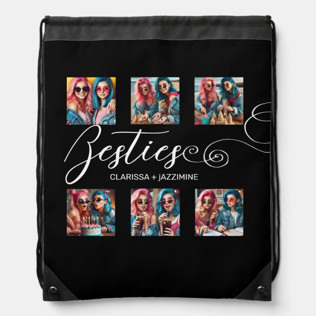 /Modern Black White Bestie 6 Photo Collage Drawstring Bag (Front)