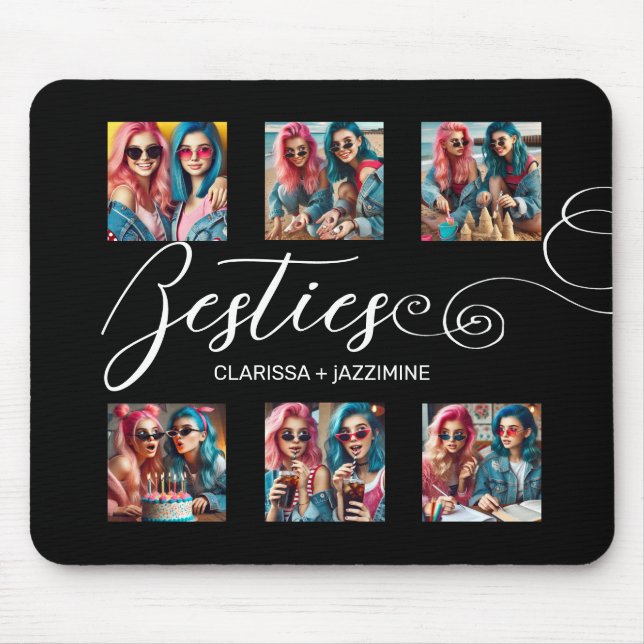 Modern Black White Bestie 6 Photo Collage Mouse Pad (Front)