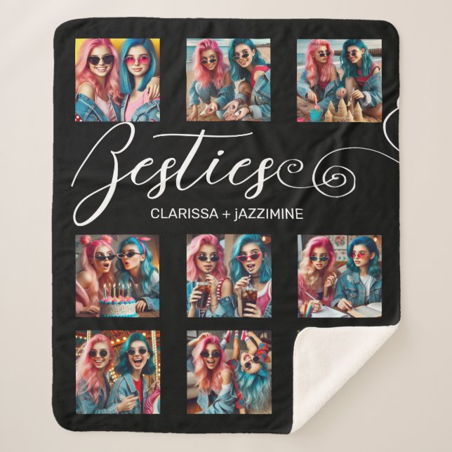 /Modern Black White Bestie 9 Photo Collage Sherpa Blanket (Front)
