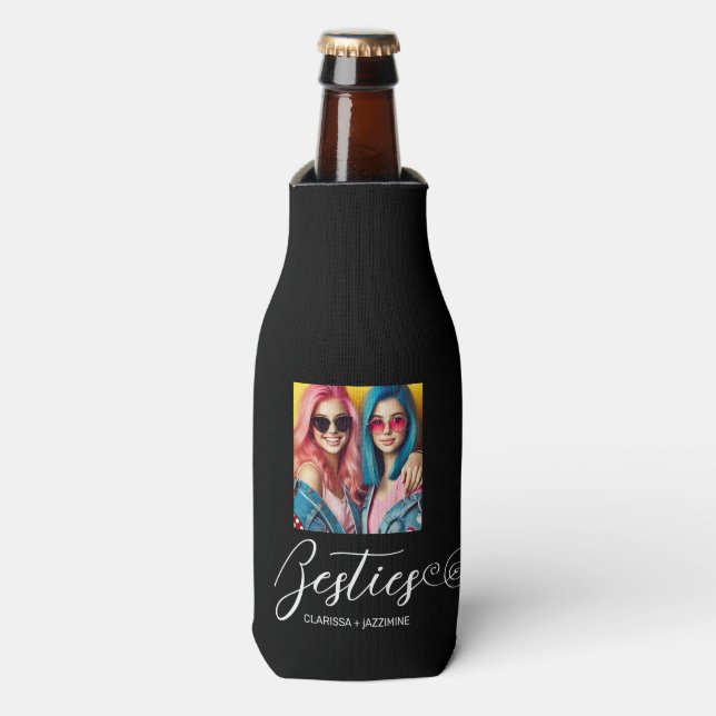 Modern Black White Bestie Photo Personalized Bottle Cooler (Bottle Front)