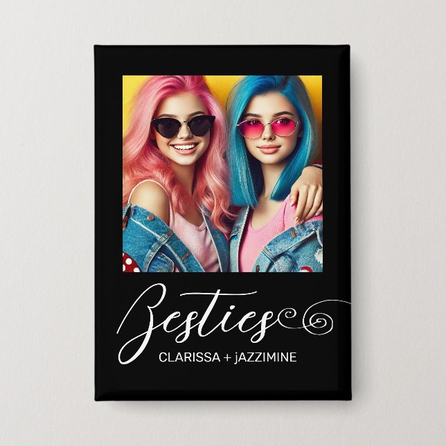 /Modern Black White Bestie Photo Personalized Button (Front)