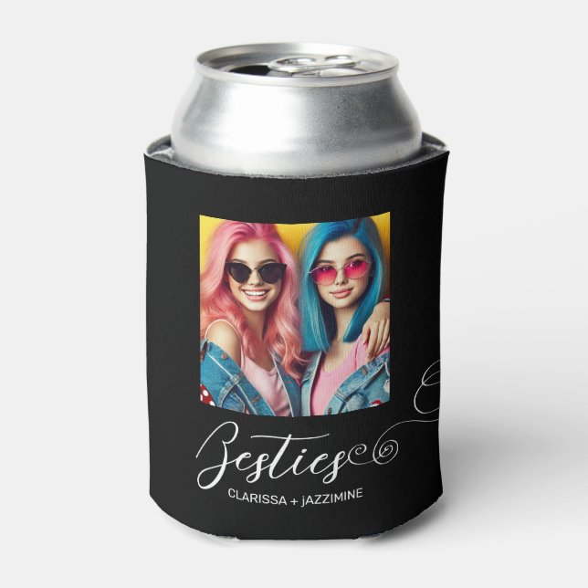 Modern Black White Bestie Photo Personalized Can Cooler (Can Front)