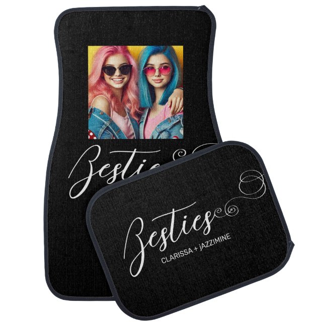 Modern Black White Bestie Photo Personalized Car Floor Mat (Set)