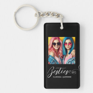 Modern Black White Bestie Photo Personalized Keychain