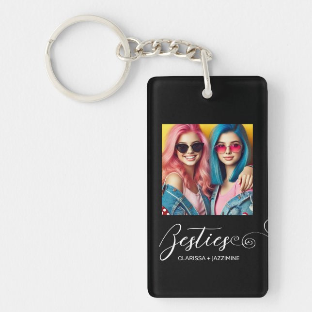 Modern Black White Bestie Photo Personalized Keychain (Front)