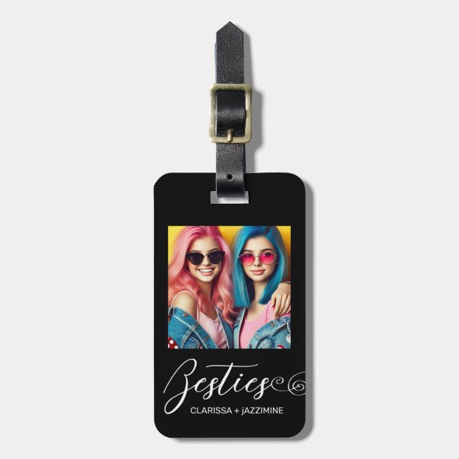 Modern Black White Bestie Photo Personalized Luggage Tag (Front Vertical)