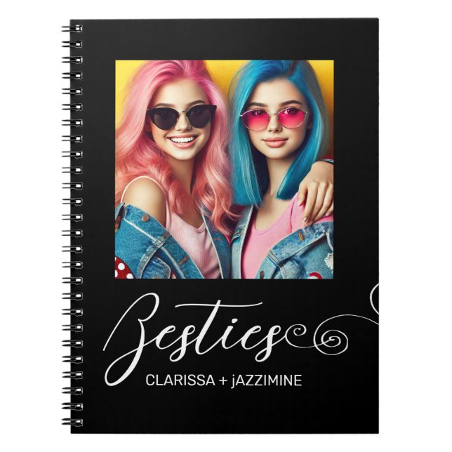 Modern Black White Bestie Photo Personalized Notebook (Front)