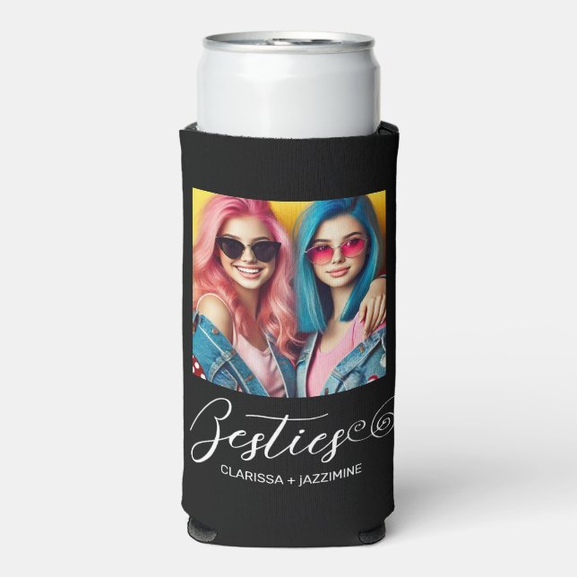 Modern Black White Bestie Photo Personalized Seltzer Can Cooler (Seltzer Front)