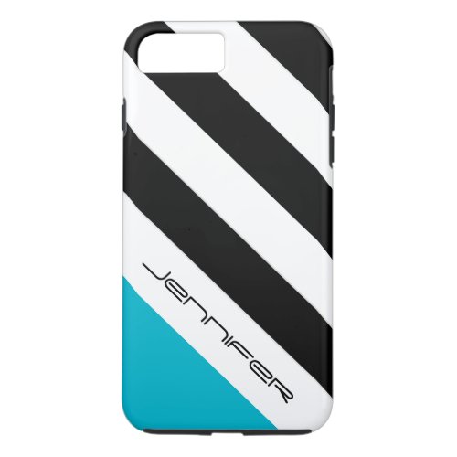 Modern Black White Blue Stripe Personalized Name iPhone 8 Plus7 Plus Case