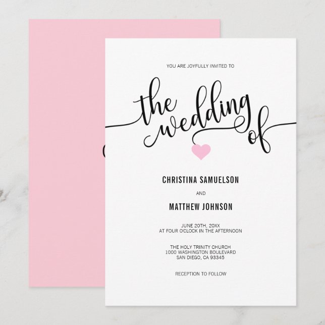 Modern Black White Blush PINK Heart Wedding Invitation (Front/Back)