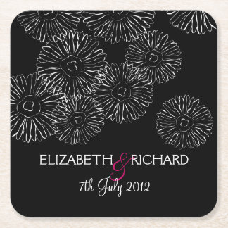 Modern Black White Boho Chic Daisy Wedding Square Paper Coaster