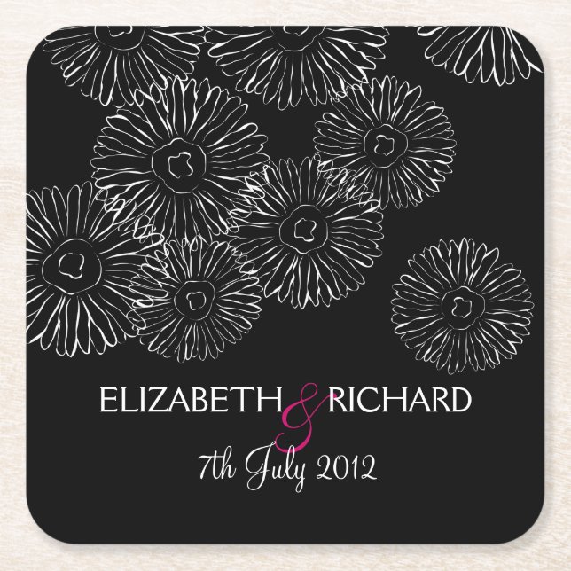 Modern Black White Boho Chic Daisy Wedding  Square Paper Coaster (Front)