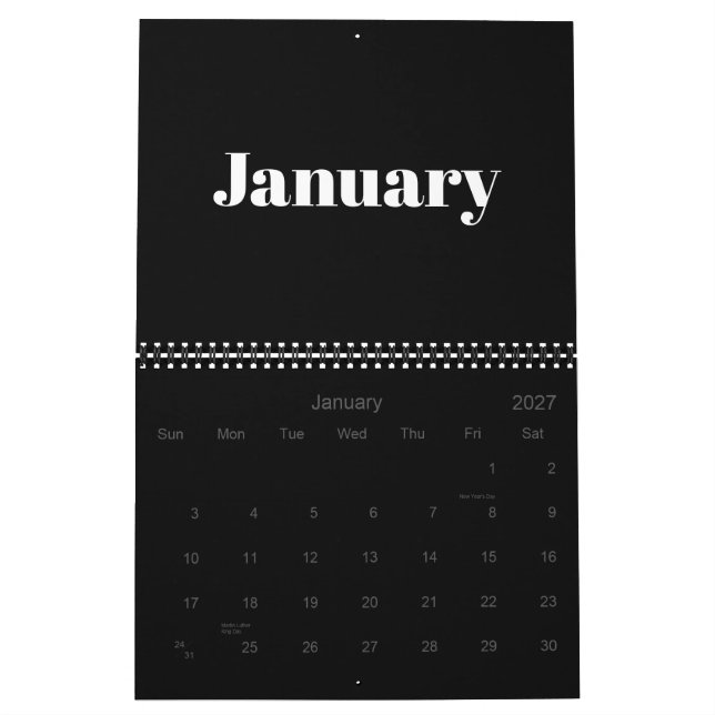 Modern black white bold typography month 2024 calendar (Jan 2027)
