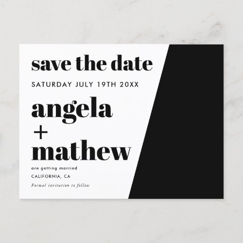 Modern black white bold typography save the date announcement postcard