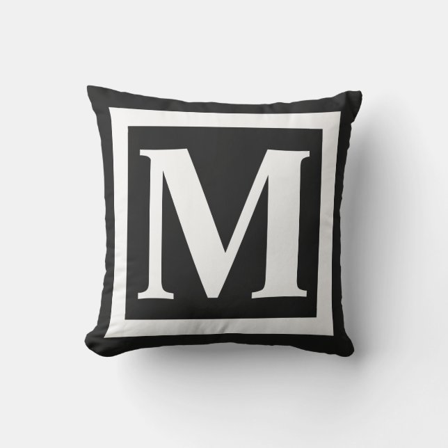 Modern Black White Border Frame Monogram Outdoor Pillow (Front)
