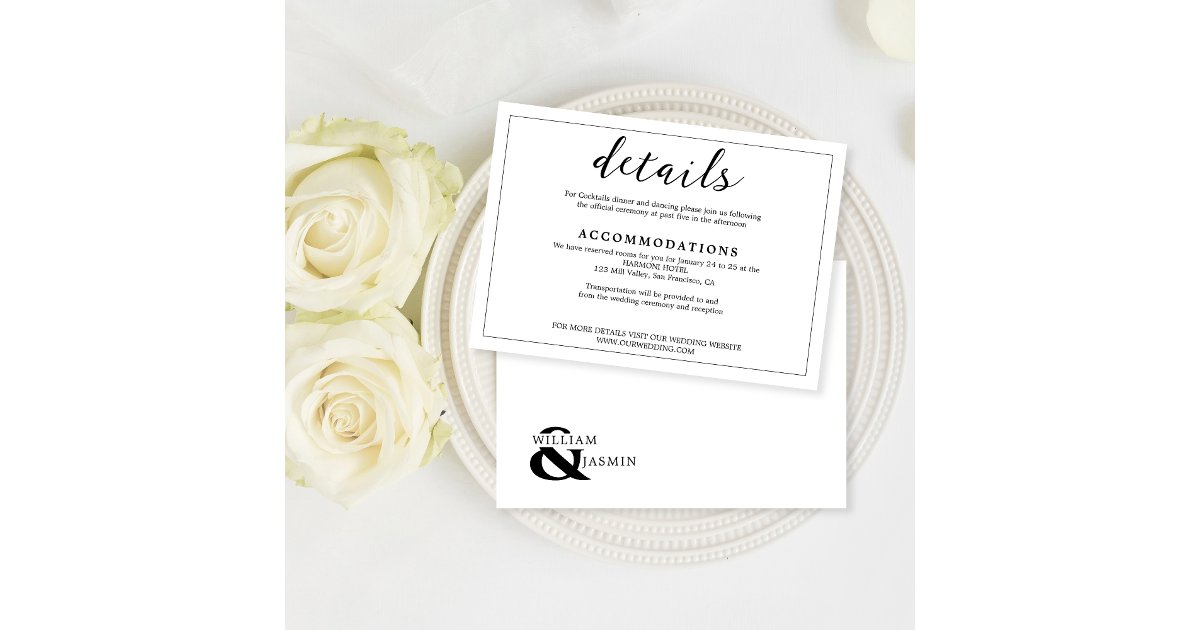 Modern Black & White Border Script Wedding Details Enclosure Card | Zazzle