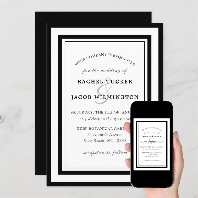 Modern Black White Border Simple Wedding Invitation | Zazzle
