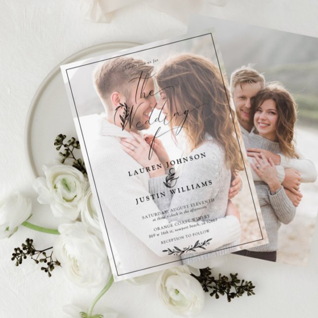 Modern Black White Botanical Script Vellum 2 Photo Invitation (Creator Uploaded)